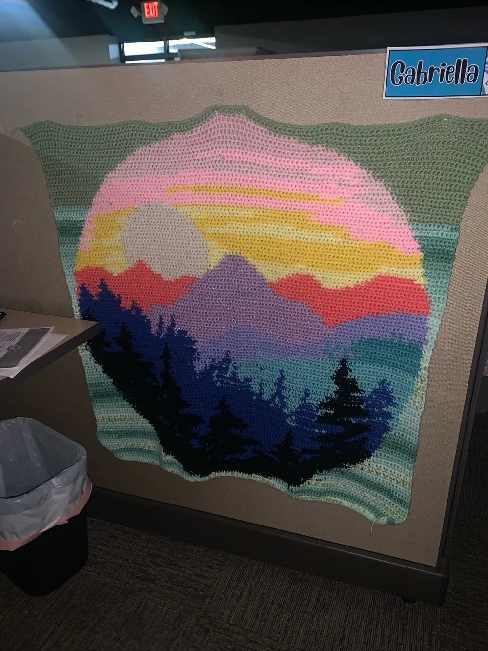 Handmade Crochet Mountain Sunset Tapestry Blanket - Multicolor